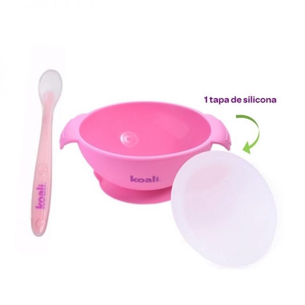 Combo Hora de comer con 1 bowl rosado, cucharita y tapa de silicona para el bowl